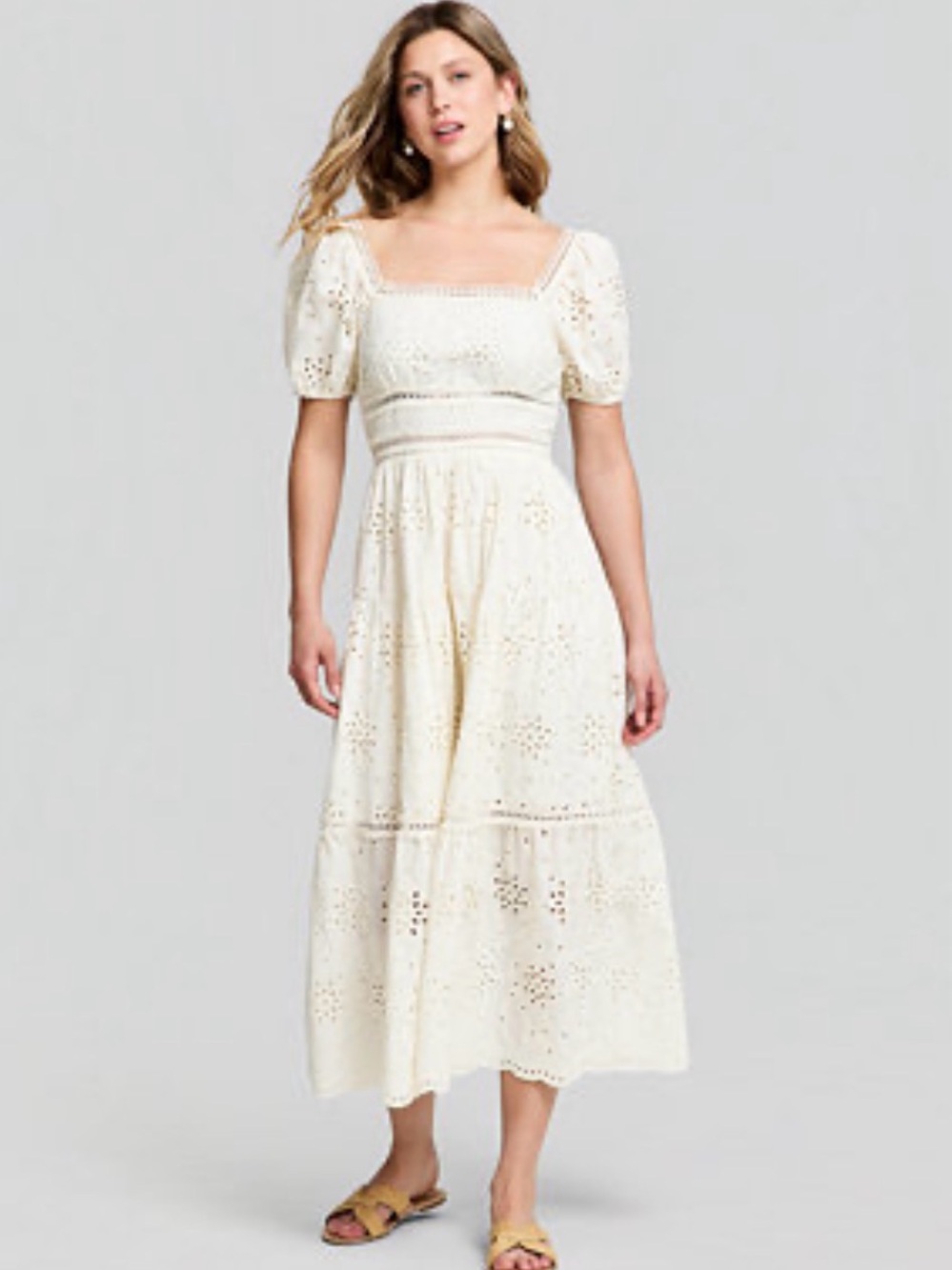 Ivory Eyelet Lace Cotton Midi Dress Elegant Square Neck Size PL